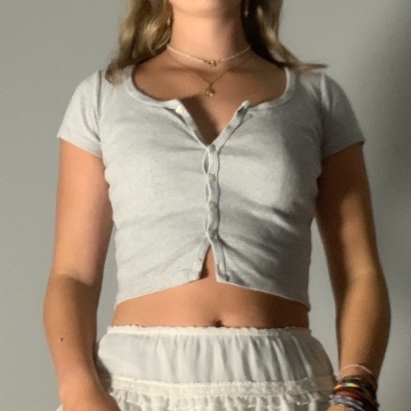 Grey and white striped brandy Melville button up crop top - Picture 6 of 9